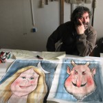 El pintor, amic de Santa Eugènia de Ter i eugenial Huedo! dibuixa els futurs gegants eugeniencs: La Nimfa del Rec i El Dimoni FOTOS: EL DIMONI
